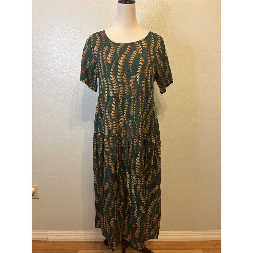 Yesno Womens Green Leaf Print Long Dress Size S Crew Neck Short Sleeve Casual